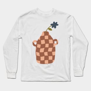 large terracotta checkerboard vase with single blue flower Long Sleeve T-Shirt